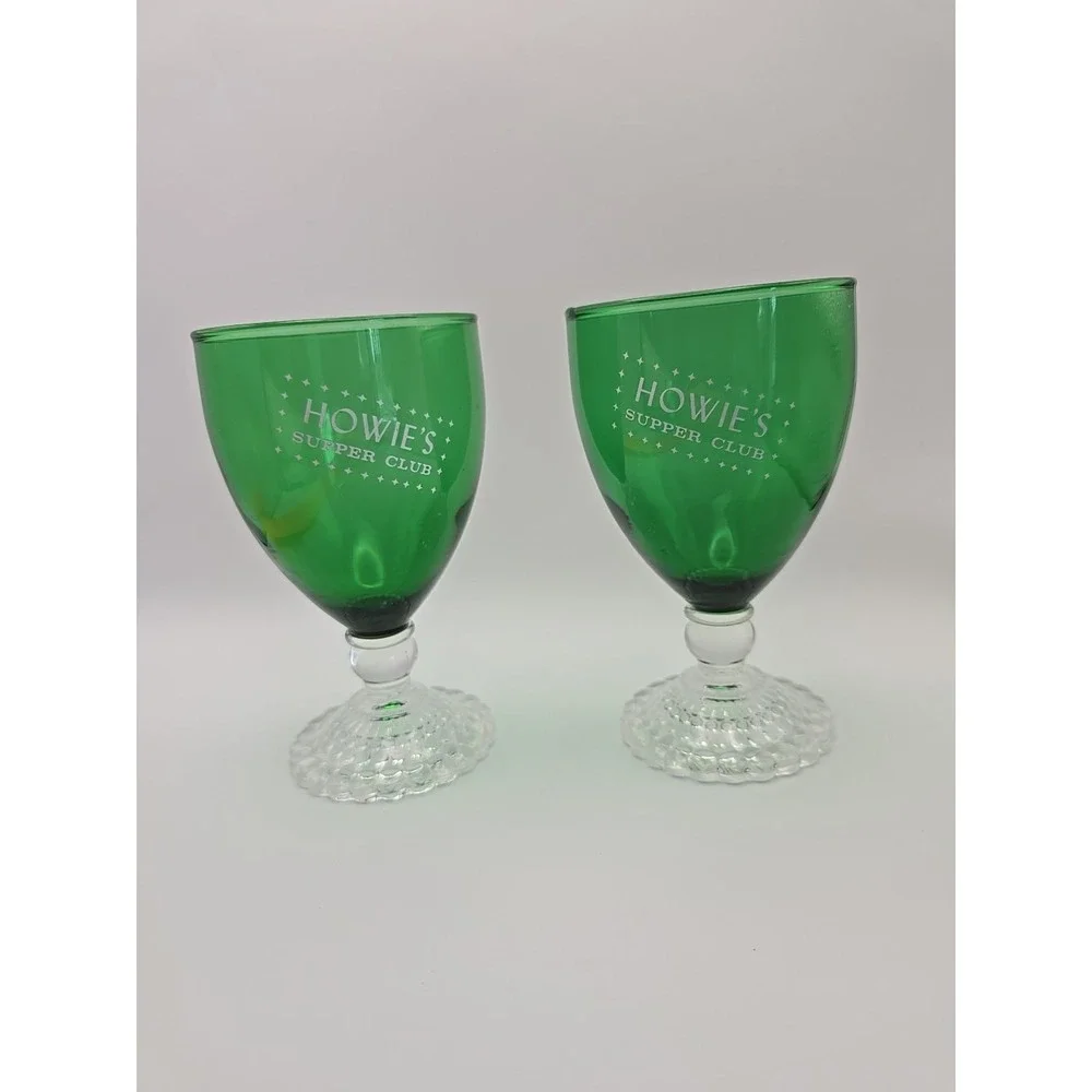 2 Vintage Anchor Hocking Emerald Green Footed Glass Goblet ‎ Howies Supper Club